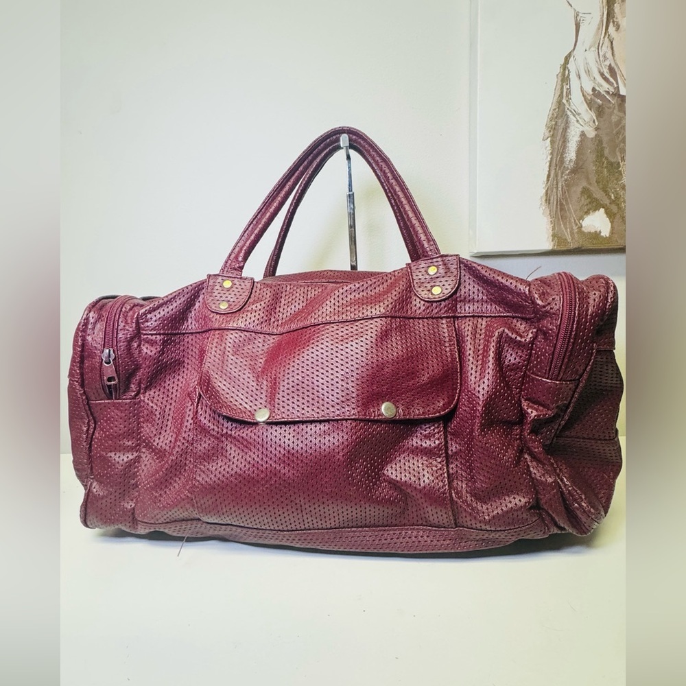 Vintage 80s Maroon Leather Duffel Bag Purse - Mexico